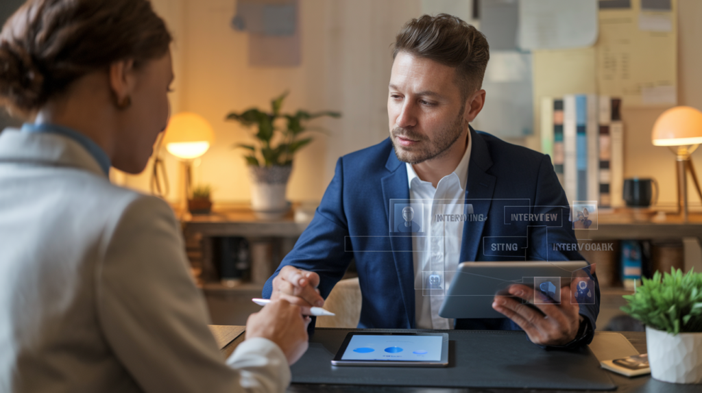 Un consultant professionnel assis à un bureau moderne utilise un guide d'entretien digital sur sa tablette pendant qu'il discute avec un client en visioconférence, ambiance chaleureuse et professionnelle