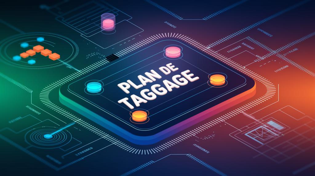 Une illustration digitale aux couleurs dominantes vert, bleu, orange et rouge, représentant un environnement analytique et technologique complexe mais clair, symbolisant précisément un plan de taggage. On y voit des diagrammes de flux et des symboles graphiques reliés entre eux par des lignes fluides évoquant une circulation optimale des données. Au centre, une interface digitale affiche le terme « plan de taggage » avec des indicateurs lumineux et des icônes de serveur, montrant le lien avec le tracking server-side. L’atmosphère globale évoque précision, modernité et performance technique.